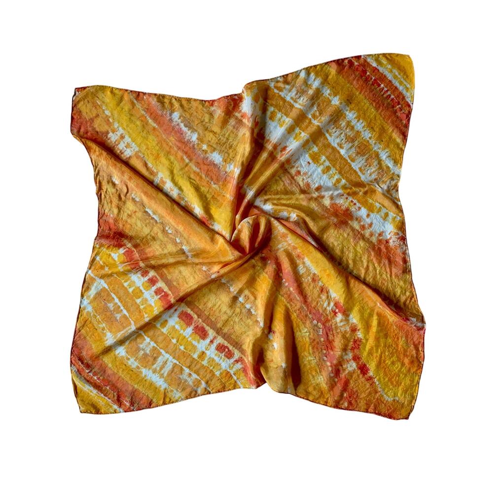Hand Dyed Shibori Silk Scarf Orange Yellow Square 35" Sustainable Art